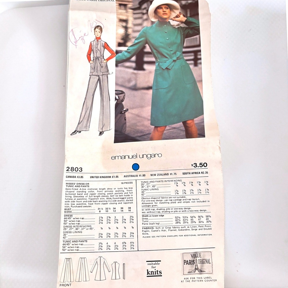 Vogue 2803 Rare 70s Emanual Ungaro Dress Tunic Pants Sz 10 Catalog Pg Uncut